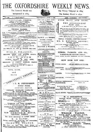 cover page of Oxfordshire Weekly News published on June 2, 1886