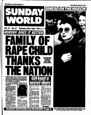 cover page of Sunday World (Dublin) published on February 23, 1992