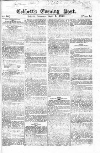 cover page of Cobbett's Evening Post published on April 1, 1820