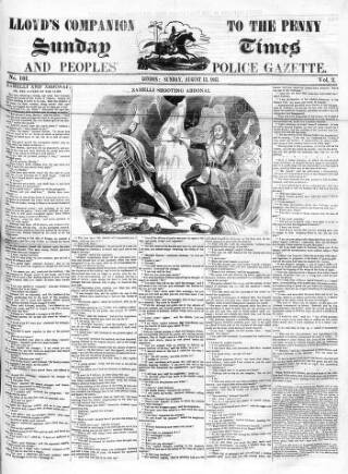 cover page of Lloyd's Companion to the Penny Sunday Times and Peoples' Police Gazette published on August 13, 1843