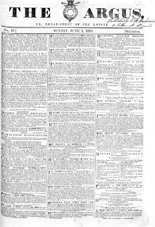 cover page of Argus, or, Broad-sheet of the Empire published on June 2, 1839