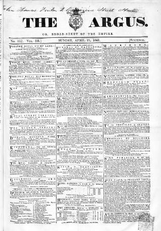 cover page of Argus, or, Broad-sheet of the Empire published on April 25, 1841