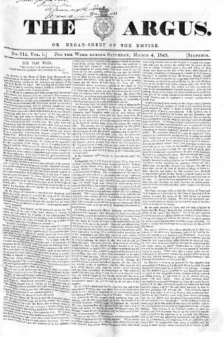 cover page of Argus, or, Broad-sheet of the Empire published on March 4, 1843