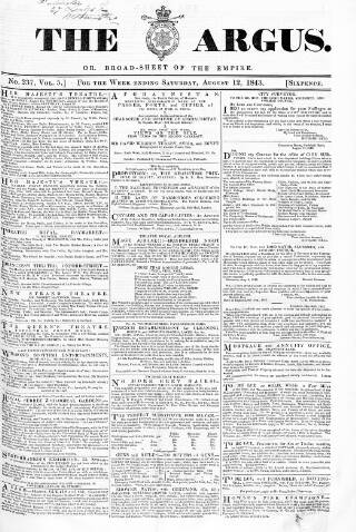cover page of Argus, or, Broad-sheet of the Empire published on August 12, 1843