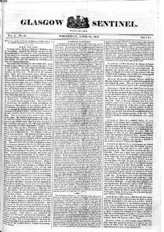 cover page of Glasgow Sentinel published on April 24, 1822