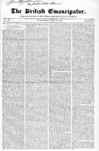 cover page of British Emancipator published on April 11, 1838