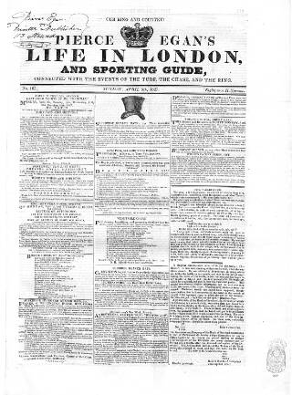 cover page of Pierce Egan's Life in London, and Sporting Guide published on April 8, 1827