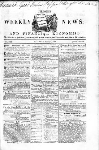 cover page of Douglas Jerrold's Weekly Newspaper published on June 2, 1849