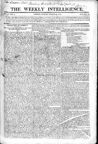 cover page of Weekly Intelligence published on March 29, 1818