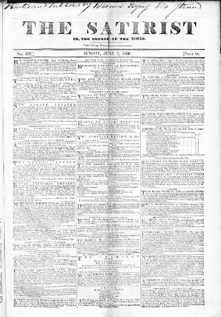 cover page of Satirist; or, the Censor of the Times published on June 2, 1839
