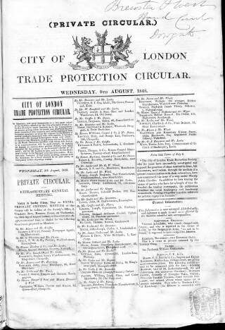 cover page of City of London Trade Protection Circular published on August 9, 1848