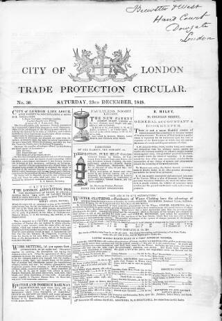 cover page of City of London Trade Protection Circular published on December 23, 1848