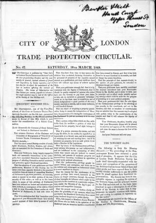 cover page of City of London Trade Protection Circular published on March 10, 1849