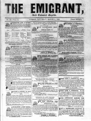 cover page of Emigrant and the Colonial Advocate published on March 3, 1849