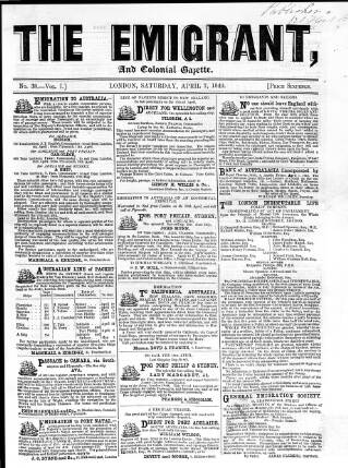 cover page of Emigrant and the Colonial Advocate published on April 7, 1849