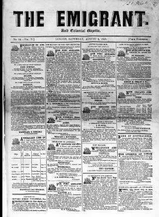 cover page of Emigrant and the Colonial Advocate published on August 4, 1849