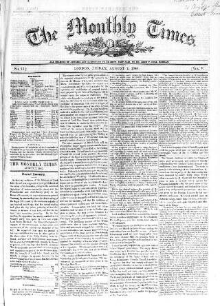 cover page of Monthly Times published on August 7, 1846