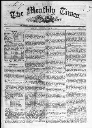 cover page of Monthly Times published on March 8, 1847