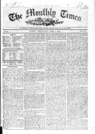 cover page of Monthly Times published on April 7, 1847