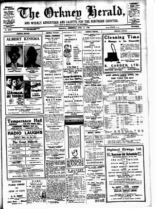 cover page of Orkney Herald, and Weekly Advertiser and Gazette for the Orkney & Zetland Islands published on April 27, 1938