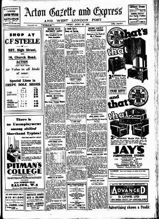 cover page of Acton Gazette published on April 20, 1934