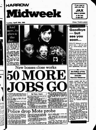 cover page of Harrow Midweek published on April 19, 1983