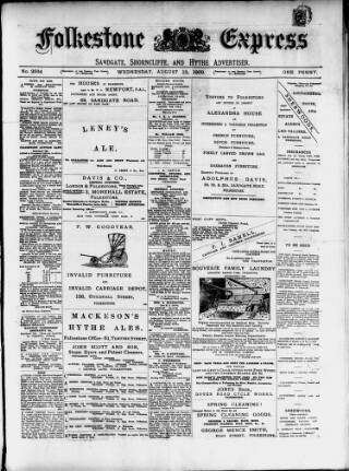 cover page of Folkestone Express, Sandgate, Shorncliffe & Hythe Advertiser published on August 13, 1902
