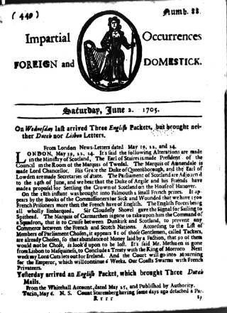 cover page of Pue's Occurrences published on June 2, 1705
