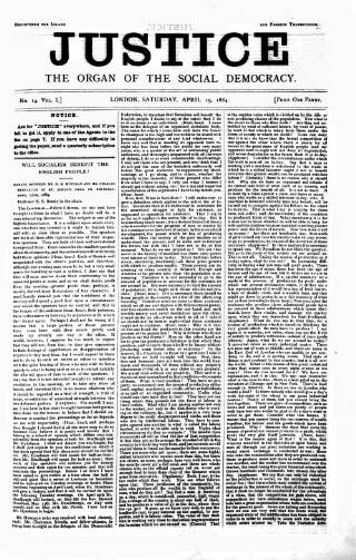 cover page of Justice published on April 19, 1884