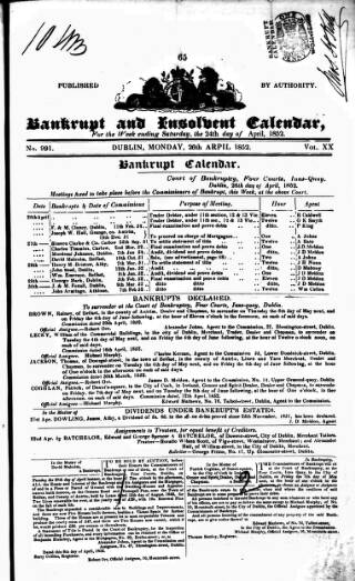 cover page of Bankrupt & Insolvent Calendar published on April 26, 1852