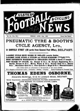cover page of Ulster Football and Cycling News published on April 18, 1890