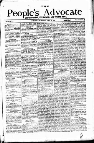 cover page of People's Advocate and Monaghan, Fermanagh, and Tyrone News published on April 26, 1879