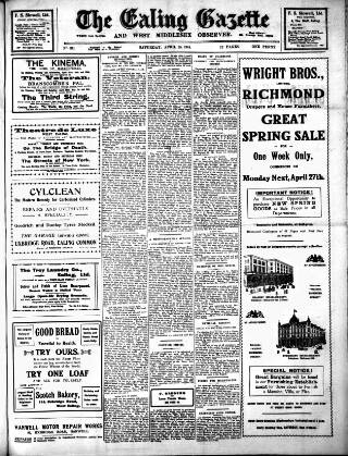 cover page of Ealing Gazette and West Middlesex Observer published on April 25, 1914
