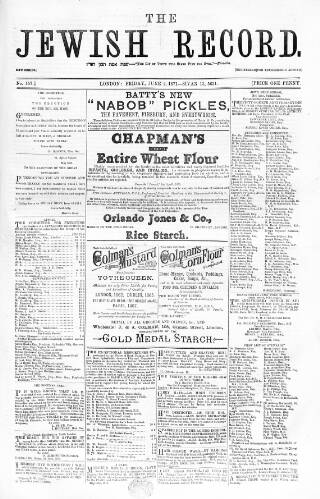 cover page of Jewish Record published on June 2, 1871