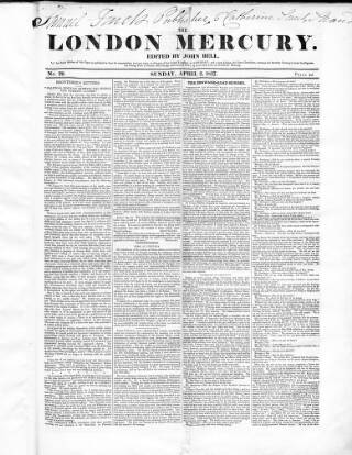 cover page of London Mercury 1836 published on April 2, 1837