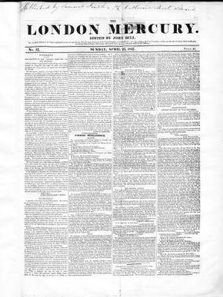 cover page of London Mercury 1836 published on April 23, 1837