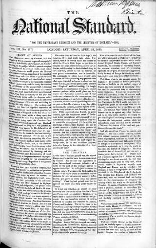 cover page of National Standard published on April 23, 1859