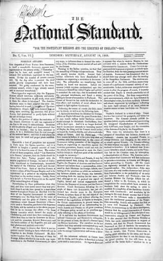 cover page of National Standard published on August 18, 1860