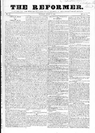 cover page of Reformer published on July 17, 1831