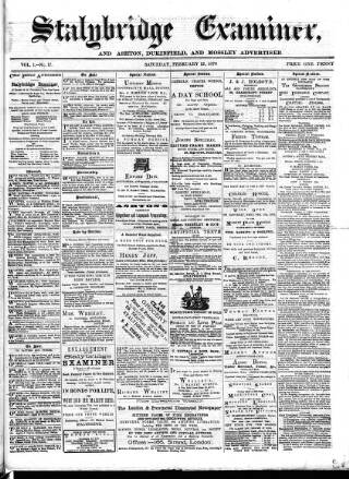 cover page of Stalybridge Examiner published on February 12, 1876