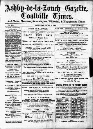 cover page of Ashby-de-la-Zouch Gazette published on June 2, 1883