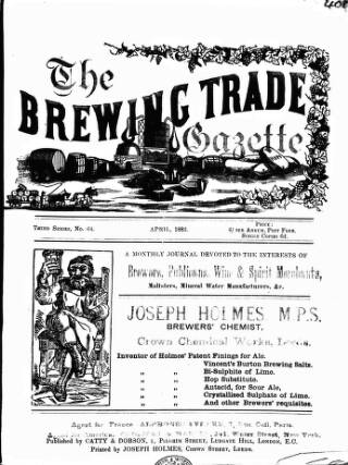 cover page of Holmes' Brewing Trade Gazette published on April 1, 1883