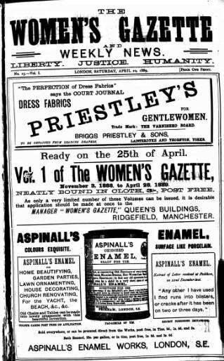 cover page of Women's Gazette & Weekly News published on April 20, 1889