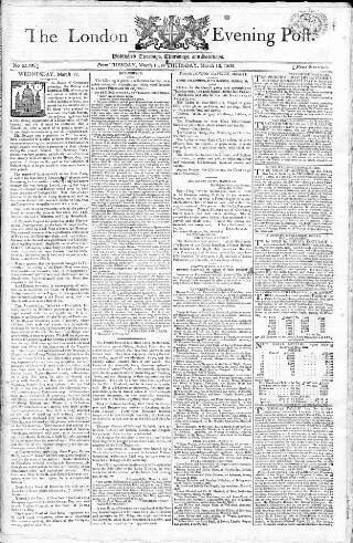 cover page of London Evening Post published on March 13, 1806