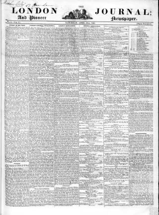 cover page of London Journal and Pioneer Newspaper published on April 19, 1845