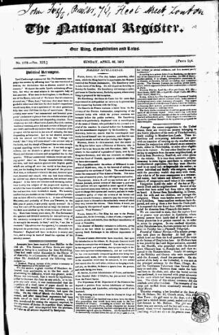 cover page of National Register (London) published on April 25, 1819