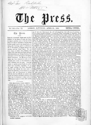 cover page of Press (London) published on April 25, 1863