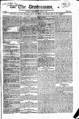 cover page of Statesman (London) published on June 2, 1819