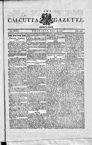 cover page of Calcutta Gazette published on March 29, 1792