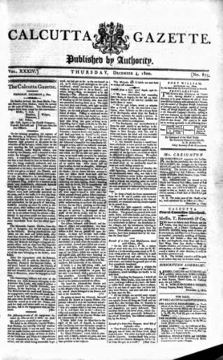 cover page of Calcutta Gazette published on December 4, 1800